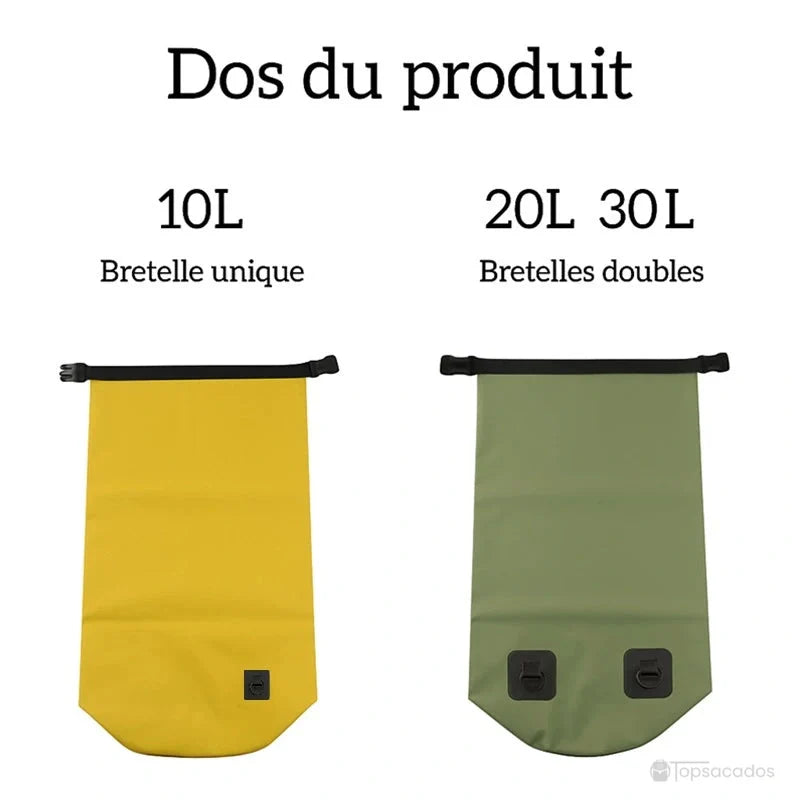 Sac à dos imperméable – vue du dos des versions 10L à bretelle unique et 20L/30L à bretelles doubles, sur fond blanc.