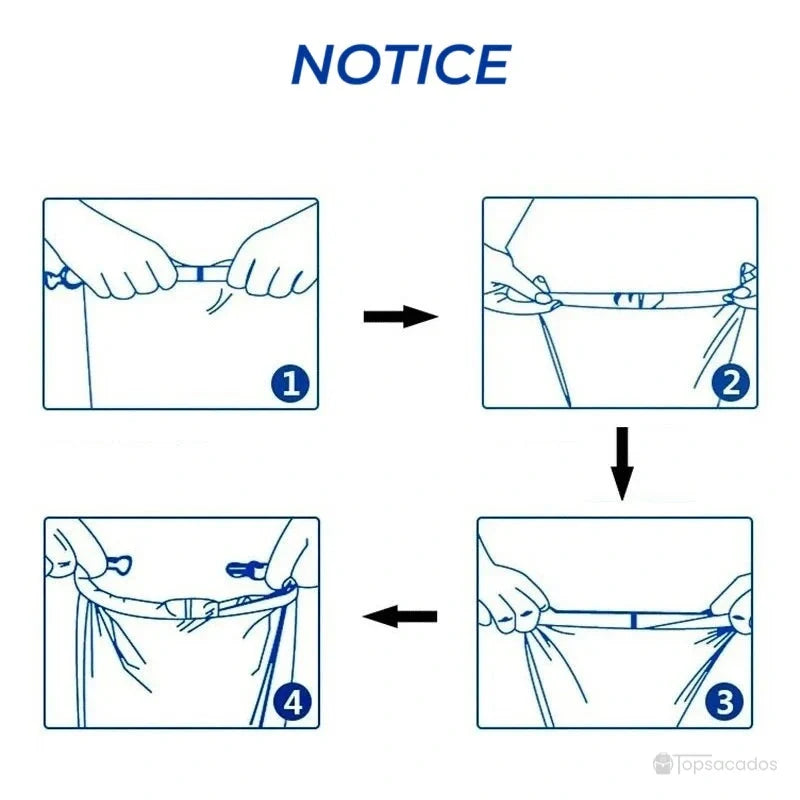 Sac à dos imperméable – guide visuel illustrant étape par étape la fermeture enroulable pour assurer l’étanchéité.