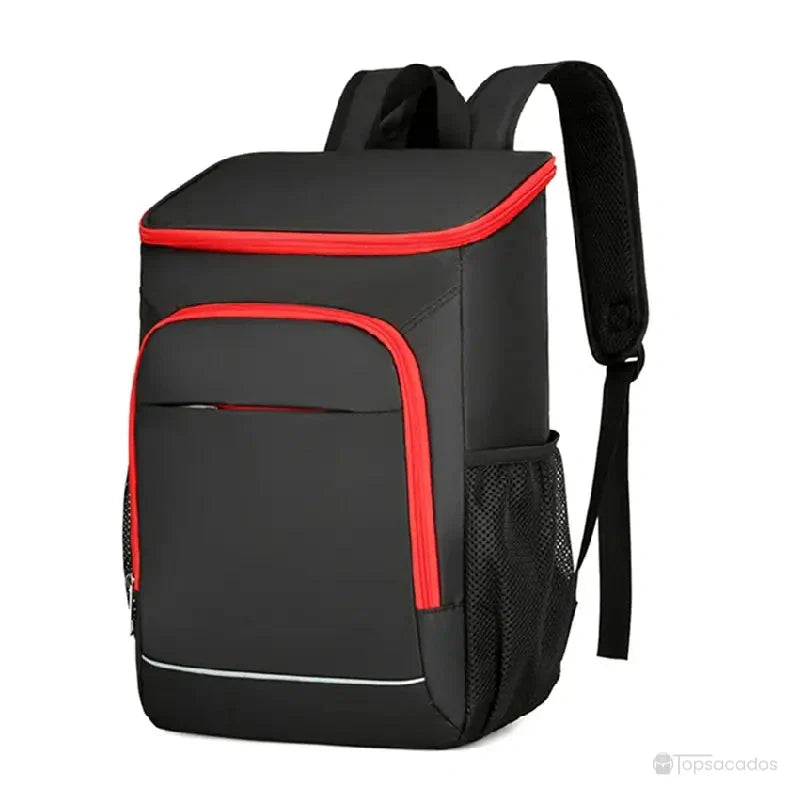 sac à dos isotherme 30 litres noir avec fermetures rouges, bretelles ajustables et poches latérales en filet