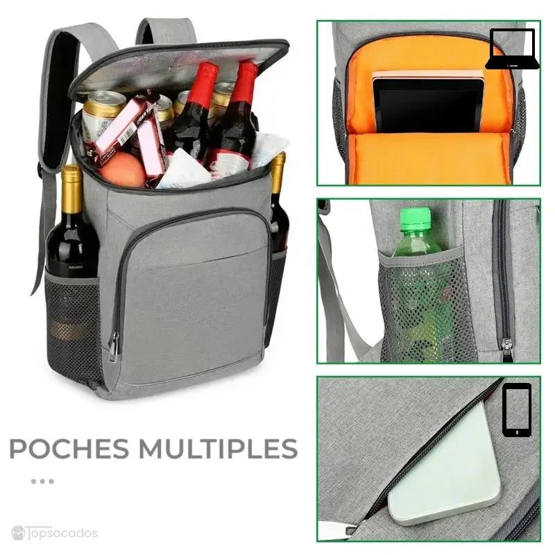sac à dos isotherme 30 litres gris ouvert avec bouteilles, tablettes et accessoires, montrant plusieurs compartiments de rangement