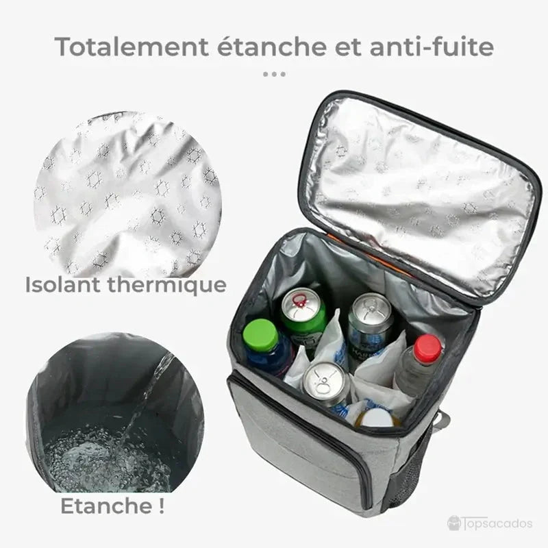 sac à dos isotherme 30 litres avec intérieur étanche et isolant thermique, contenant canettes et bouteilles
