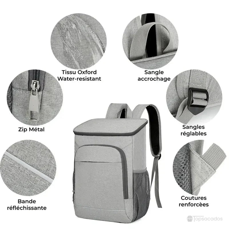 sac à dos isotherme 30 litres gris en tissu Oxford avec zip métal, sangles réglables et coutures renforcées