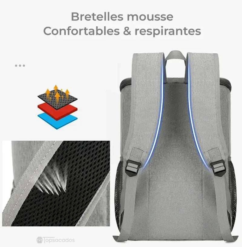 sac à dos isotherme 30 litres avec bretelles en mousse respirantes et renforts dorsaux, illustré par un schéma de ventilation