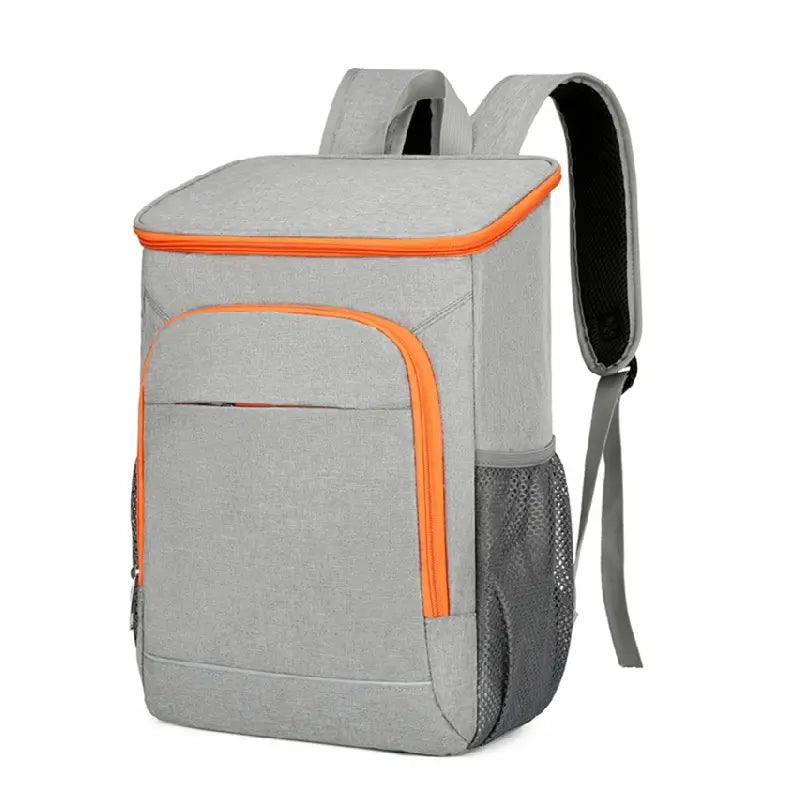 sac à dos isotherme 30 litres gris avec détails orange, design moderne et compartiments fonctionnels