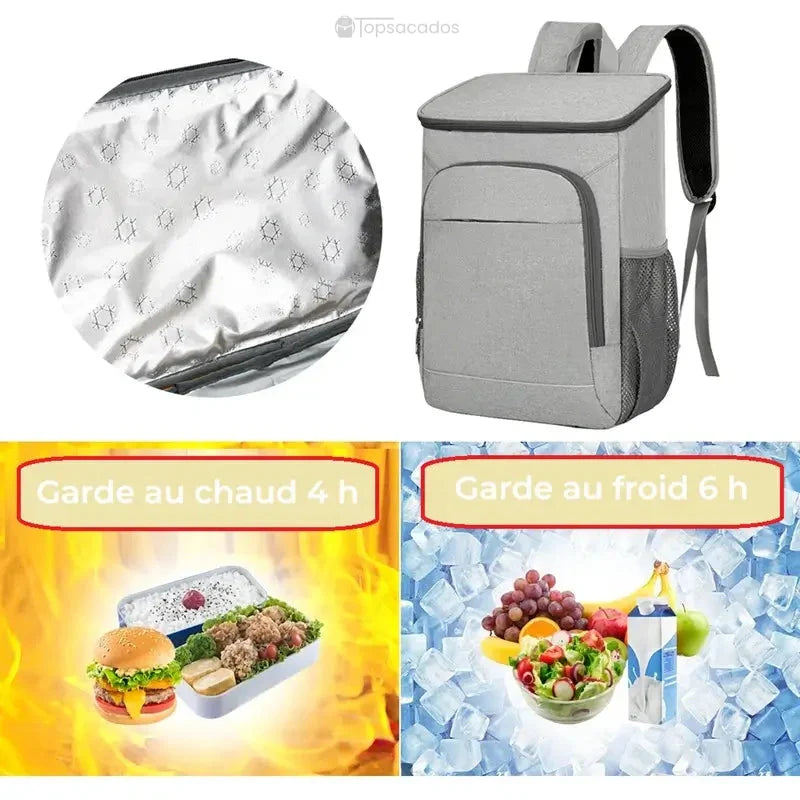 sac à dos isotherme 30 litres avec intérieur isolant, garde au chaud 4 heures et au froid 6 heures, visuels alimentaires inclus