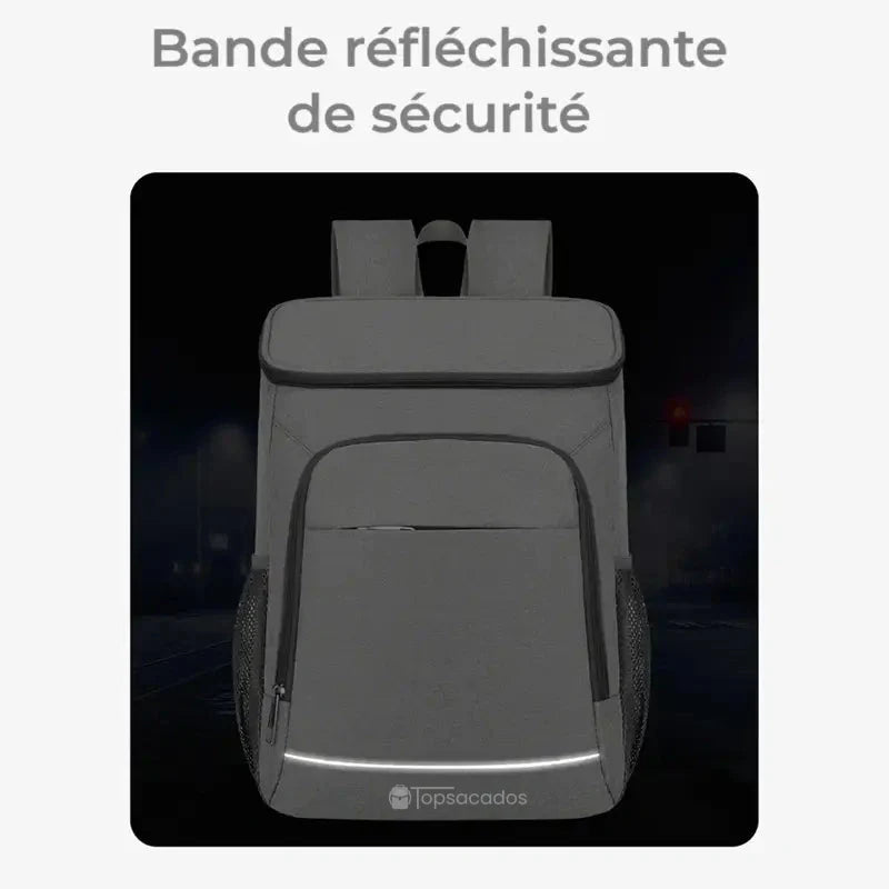 sac à dos isotherme 30 litres gris équipé d'une bande réfléchissante de sécurité visible de nuit