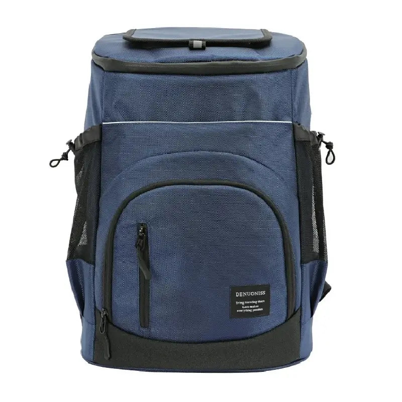 Sac à dos isotherme bleu avec grande poche frontale zippée et filet latéral, idéal pour les sorties en extérieur ou pique-niques.