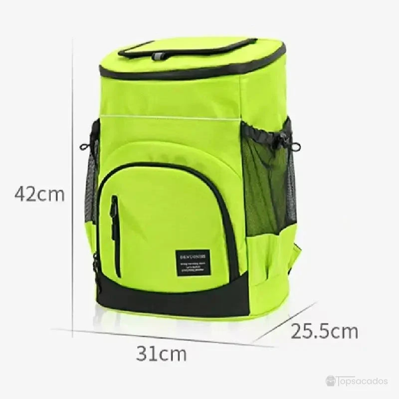 Sac à dos isotherme vert fluo avec indication des dimensions 42 x 31 x 25,5 cm, parfait pour transporter boissons et repas.