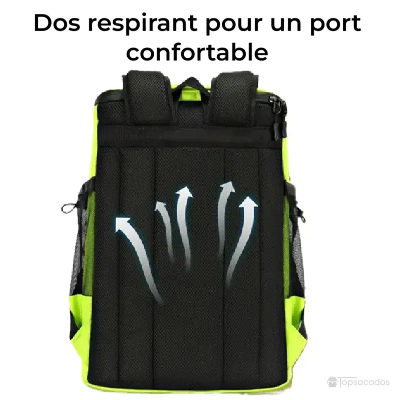 Sac à dos isotherme avec dos respirant et flèches indiquant la ventilation pour un port confortable lors de longues marches.