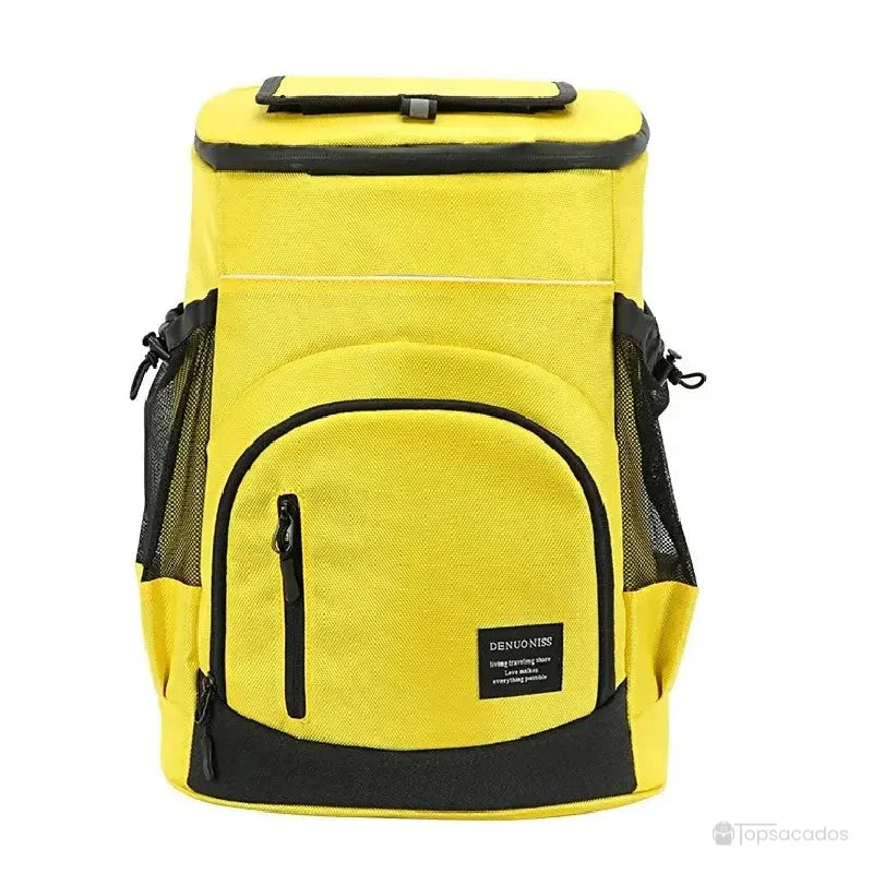 Sac à dos isotherme jaune vif avec filet latéral et grande poche avant, conçu pour les repas nomades et activités de plein air.