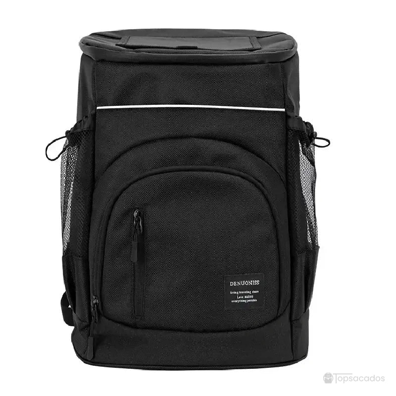Sac à dos isotherme noir élégant avec poches latérales en filet et compartiment frontal pratique pour ranger les accessoires.