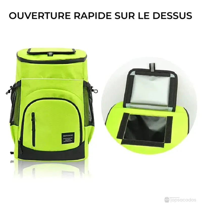 Sac à dos isotherme avec ouverture rapide par le dessus, facilitant l’accès au compartiment principal pour un usage pratique.