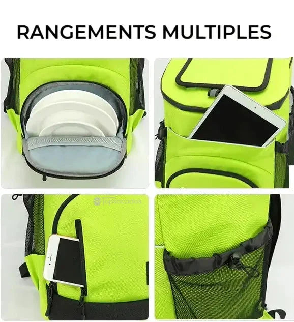 Sac à dos isotherme avec multiples rangements : compartiments pour assiettes, tablette et téléphone, adaptés aux besoins du quotidien.