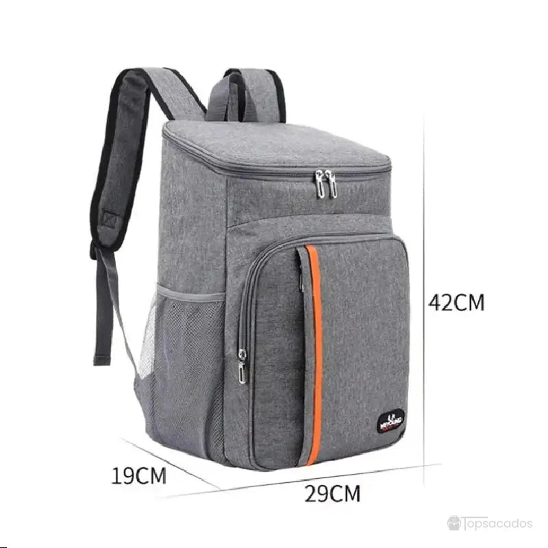 Sac à dos isotherme repas gris vu de trois quarts avec mesures visibles : hauteur 42 cm, largeur 29 cm, profondeur 19 cm, sur fond blanc.