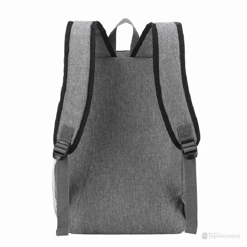 Sac à dos isotherme repas gris vu de dos, montrant les bretelles larges et réglables, sans décoration visible, sur fond blanc.