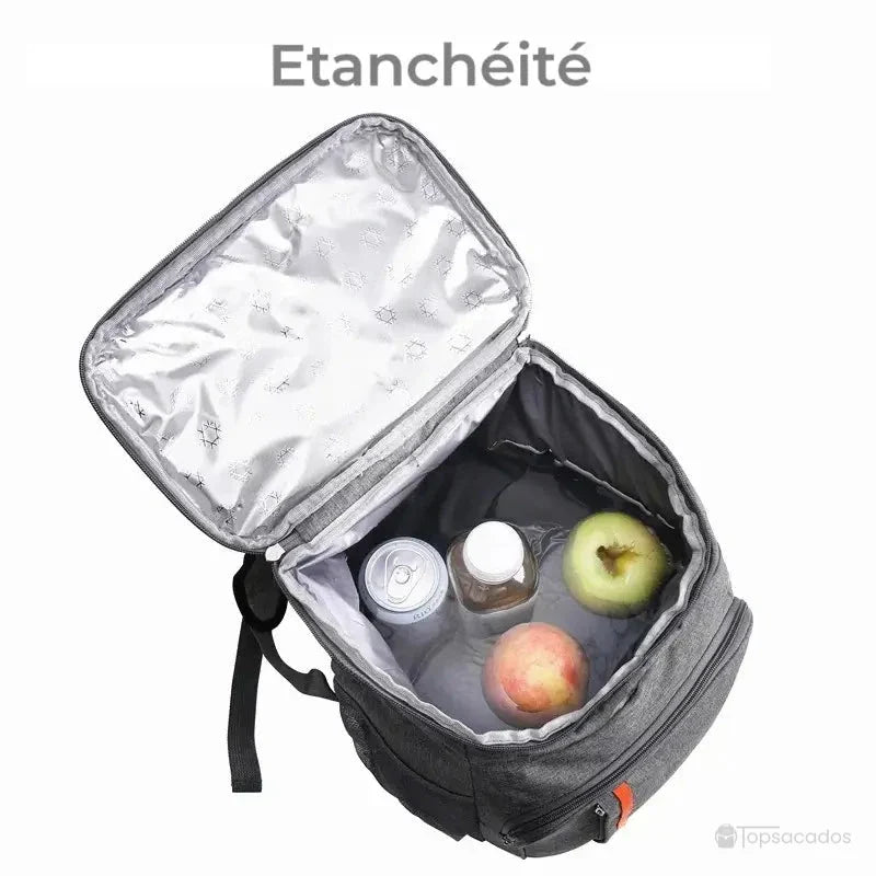 Sac à dos isotherme repas gris vu de haut, compartiment principal ouvert montrant des boissons et fruits au frais dans une doublure étanche argentée.