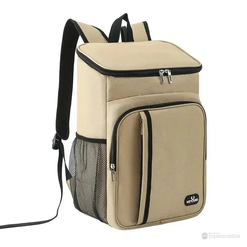 Sac à dos isotherme repas beige clair avec poches zippées et détails noirs, filets latéraux et larges bretelles, sur fond blanc.