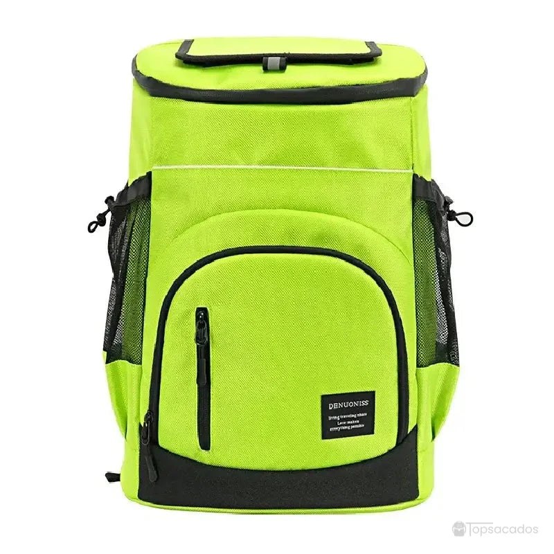 Sac à dos isotherme vert clair avec grande poche avant zippée et filets latéraux, idéal pour transporter des repas en extérieur.
