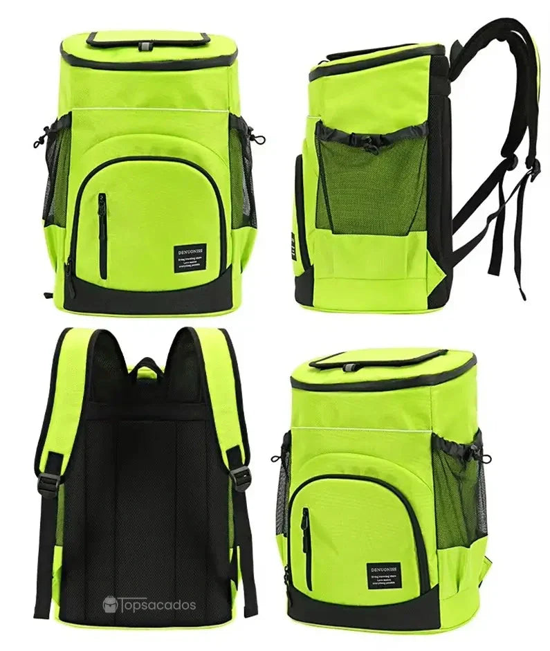 Sac à dos isotherme vert présenté sous plusieurs angles : avant, dos, côté et dessus, montrant la structure complète et les détails pratiques.