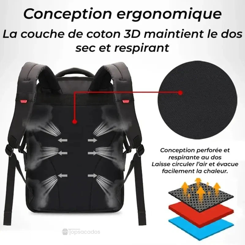 sac a dos lycee garcon avec dos ergonomique en coton 3D perforé, permettant une évacuation efficace de la chaleur et une ventilation continue