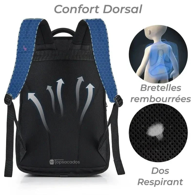 sac a dos lycee garcon vue arrière illustrant bretelles rembourrées, dos respirant et flèches indiquant la circulation de l’air