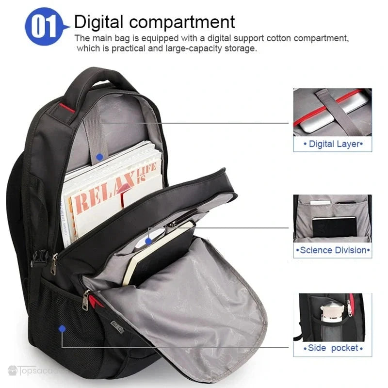 sac a dos lycee garcon noir ouvert avec organisation intérieure détaillée, compartiment numérique, séparation interne et poche latérale