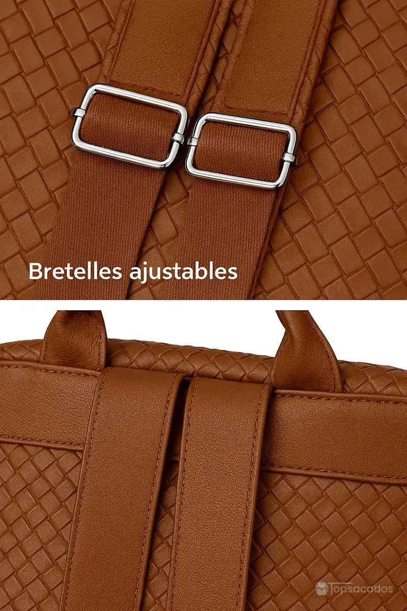Sac à dos marron Femme avec zoom sur les bretelles ajustables en simili cuir à boucle métallique brillante.