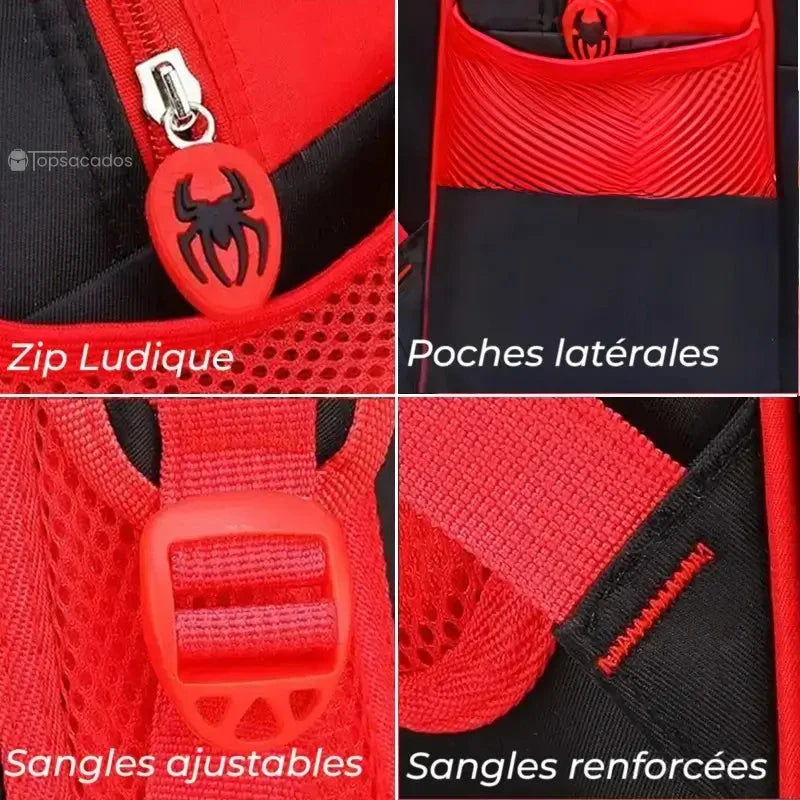 Sac à dos maternelle araignée zoomé sur les détails : zip ludique, poches latérales, sangles ajustables et renforts cousus.