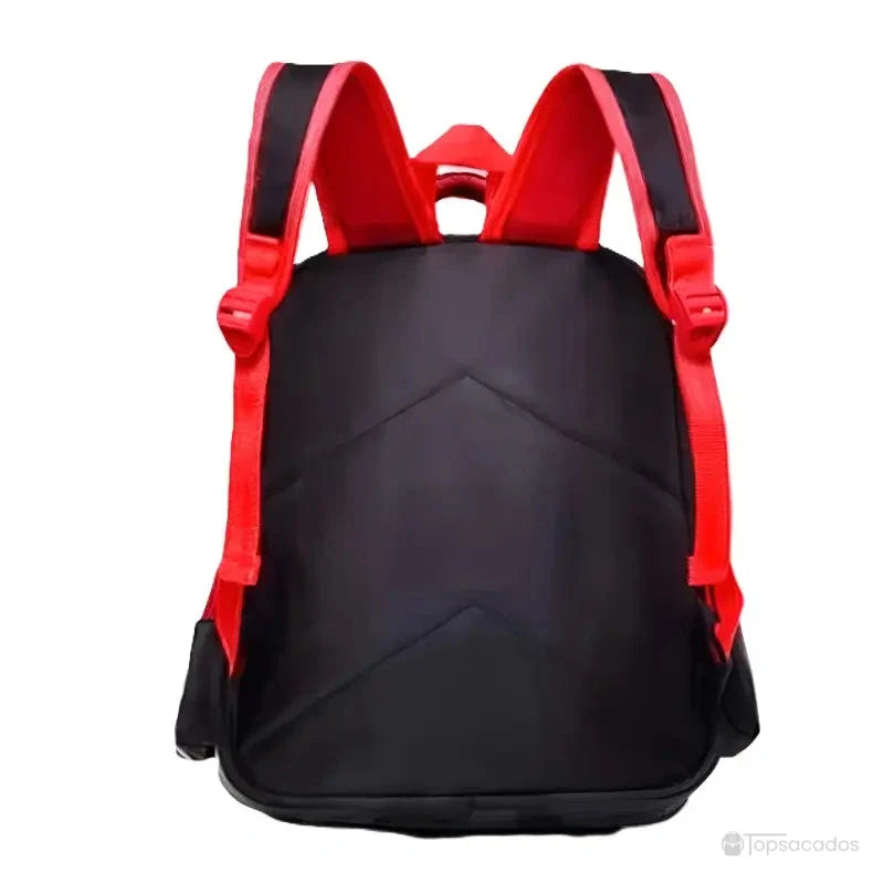 Sac à dos maternelle araignée vu de dos, avec bretelles rouges épaisses et dossier matelassé pour un meilleur confort.