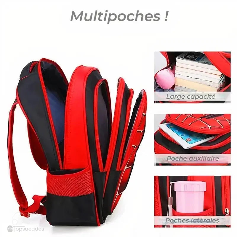 Sac à dos maternelle araignée avec plusieurs compartiments ouverts, illustrant sa grande capacité et ses rangements pratiques.