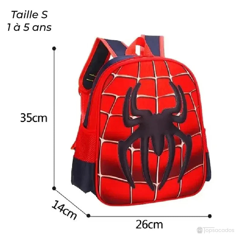 Sac à dos maternelle araignée en taille S pour enfants de 1 à 5 ans, avec dimensions visibles 35x26x14 cm.