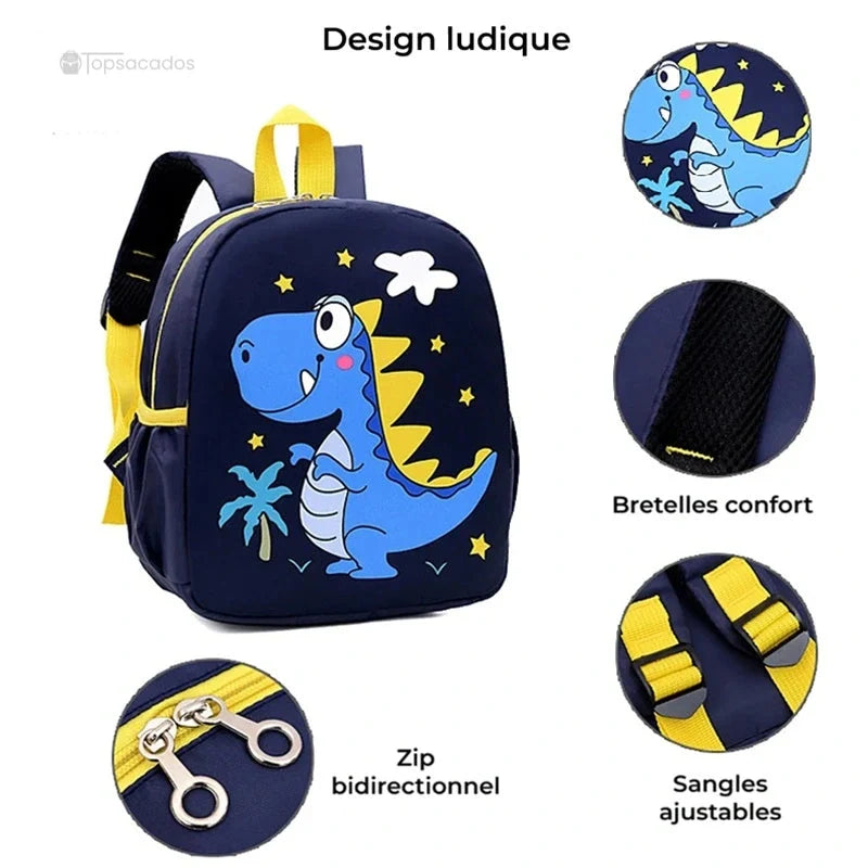 Sac à dos maternelle dinosaure bleu avec bretelles confort, zip bidirectionnel et sangles jaunes réglables, vu en détail
