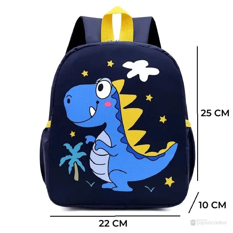 Sac à dos maternelle dinosaure bleu marine avec mesures 25x22x10 cm, imprimé étoiles et palmiers, sur fond blanc