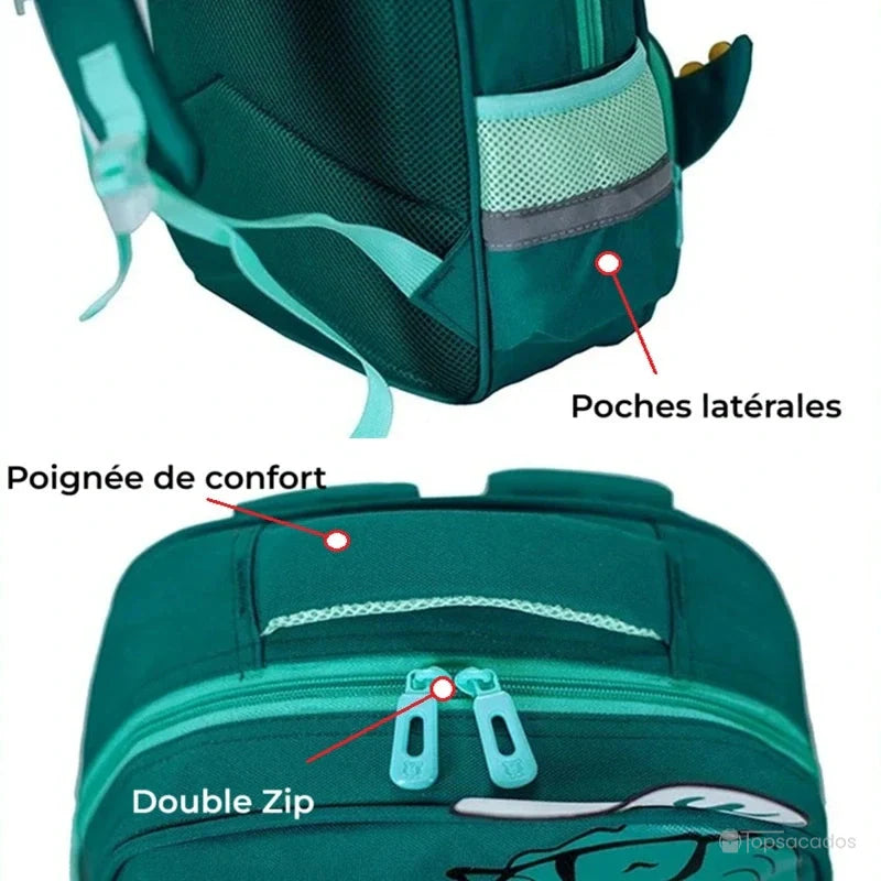 Sac à dos maternelle dinosaure avec double zip, poignée de confort et poches latérales pratiques illustrées par des annotations.