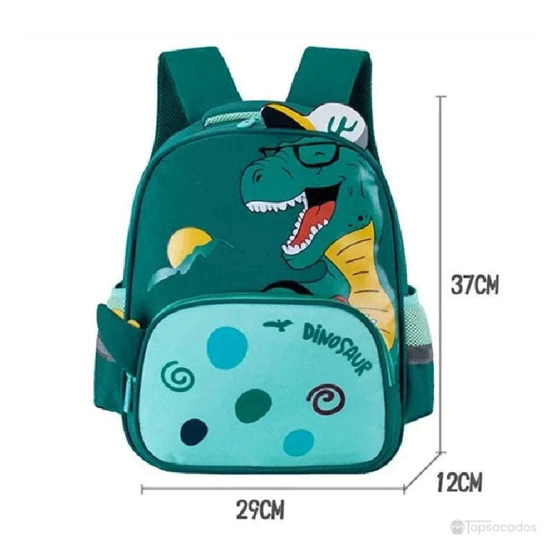 Sac à dos maternelle dinosaure avec dimensions indiquées : 29 cm de large, 37 cm de haut et 12 cm de profondeur.