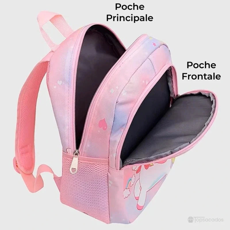 Sac à dos maternelle licorne ou sirene ouvert, montrant la poche principale et la poche frontale spacieuses, fond gris clair