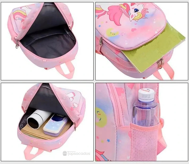 Sac à dos maternelle licorne ou sirene avec plusieurs objets rangés dans la poche principale, bouteille sur le côté
