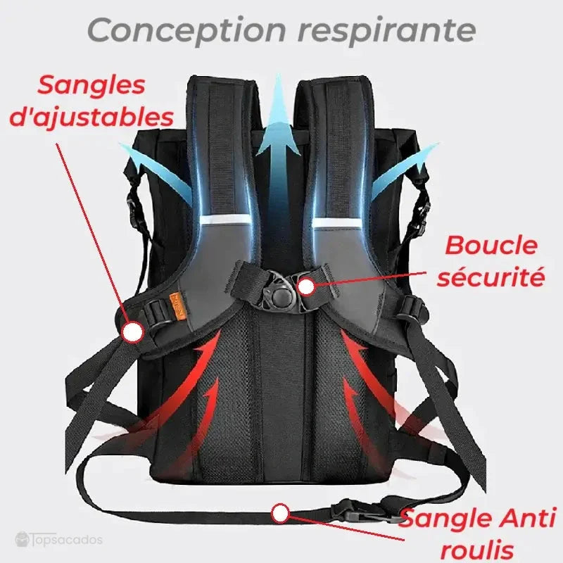Sac à dos motard vu de dos avec système respirant, sangles ajustables, sangle anti-roulis et boucle de sécurité.