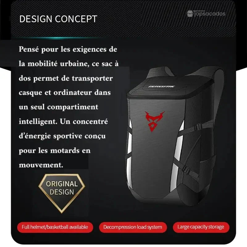 Sac a dos moto étanche mis en avant avec son concept de design urbain, adapté au transport d’un casque et d’un ordinateur, sur fond noir avec texte explicatif.