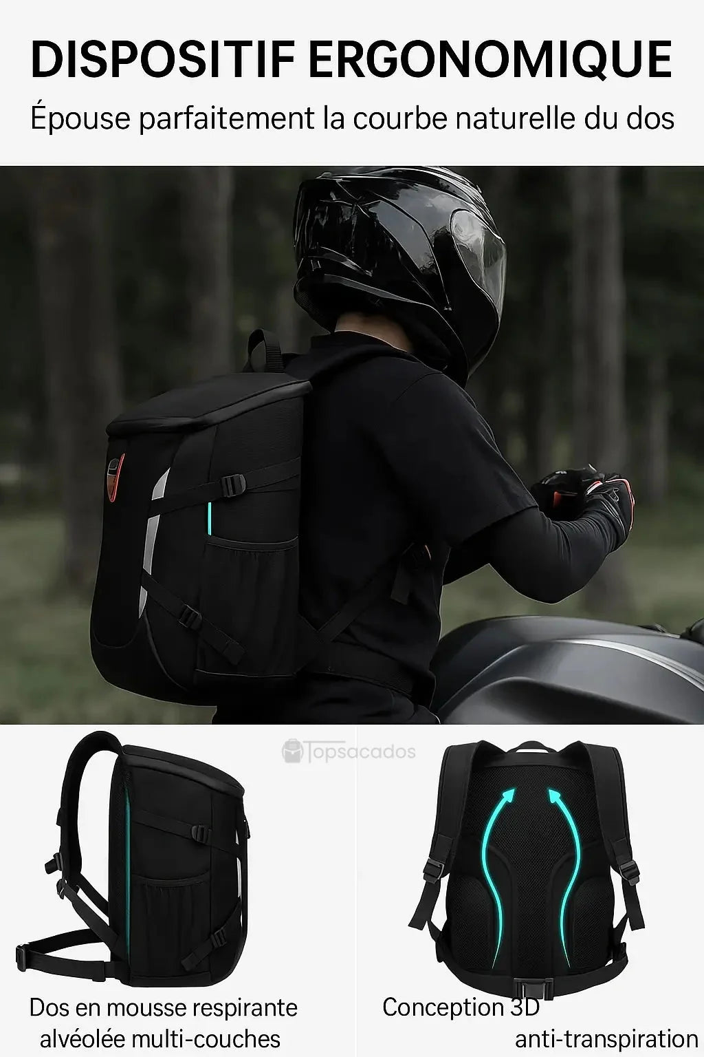 Sac a dos moto étanche illustré porté par un motard en forêt, mettant en avant la conception ergonomique du dos et le confort des bretelles anatomiques.