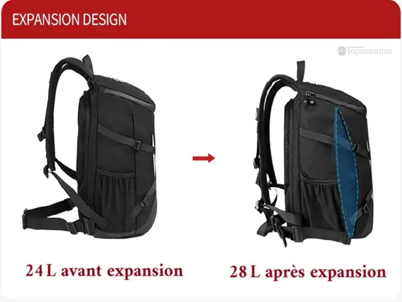 Sac a dos moto étanche avec vue comparative avant et après expansion, illustrant l’augmentation de capacité de 24L à 28L avec design extensible.