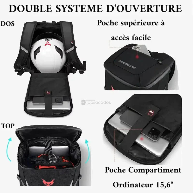 Sac à dos moto étanche mis en avant avec son concept de design urbain, adapté au transport d’un casque et d’un ordinateur, sur fond noir avec texte explicatif.
