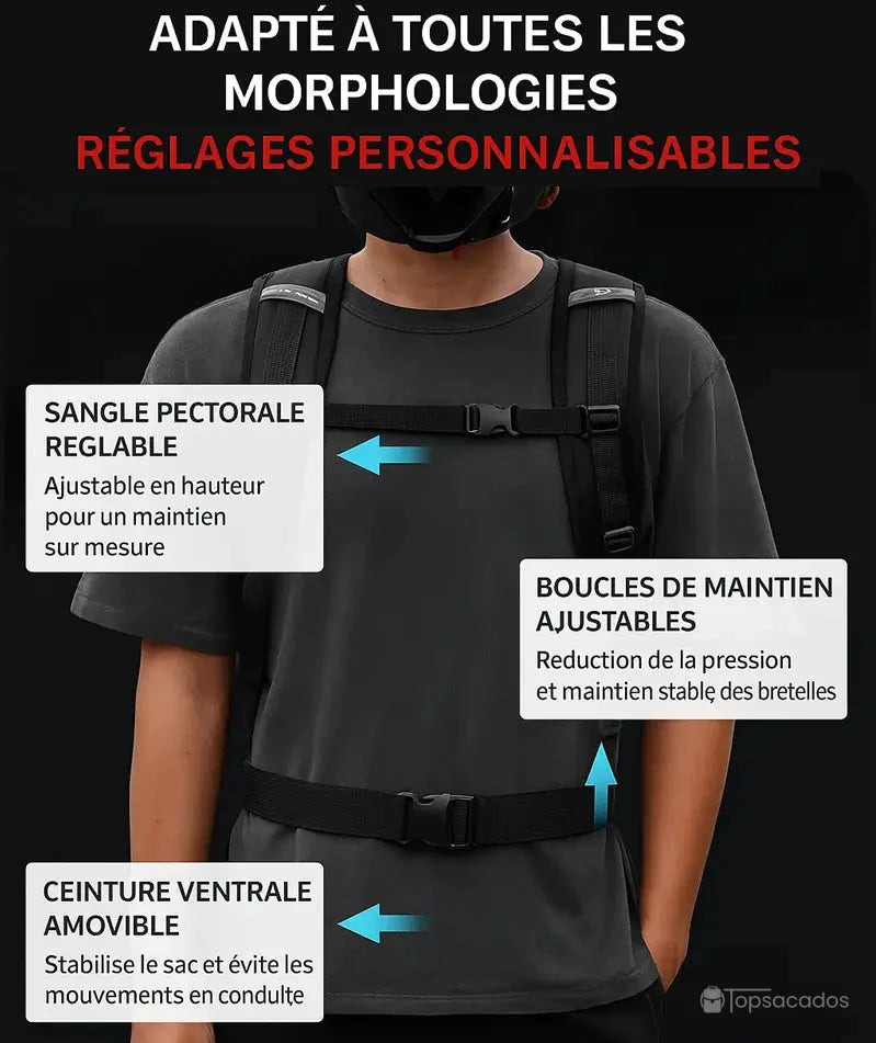 Sac a dos moto étanche porté par un homme en t-shirt, zoom sur le système de sangles ajustables avec explications des réglages personnalisables.