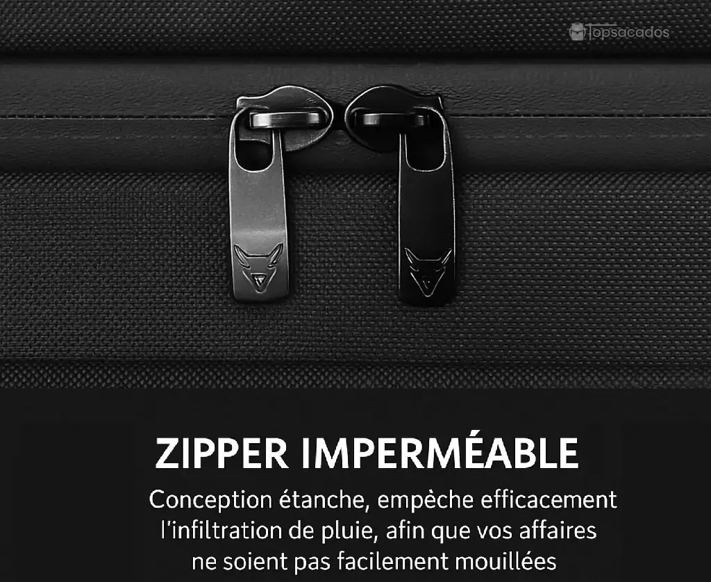 Sac a dos moto étanche avec gros plan sur fermeture éclair étanche, conçue pour bloquer l’infiltration de pluie et garder les affaires au sec.