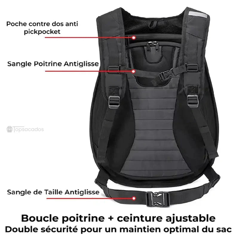 Sac à dos moto en fibre de carbone vu de dos avec sangles antiglisse ajustables, boucle de poitrine et ceinture de maintien pour plus de sécurité.