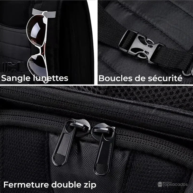 Sac à dos moto en fibre de carbone avec focus sur la sangle pour lunettes, boucles de sécurité et double fermeture éclair résistante.