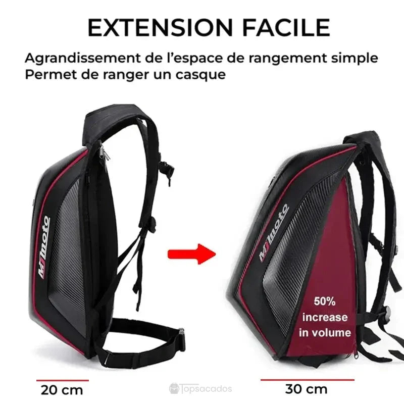 Sac à dos moto en fibre de carbone avec extension latérale illustrant l’augmentation de volume de 50 % pour un rangement plus spacieux.
