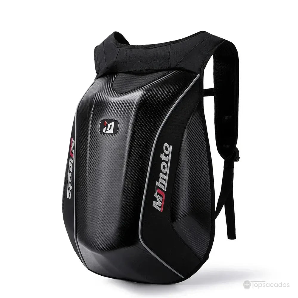 Sac à dos moto en fibre de carbone avec design aérodynamique noir et gris, léger et ergonomique, idéal pour les déplacements à deux-roues.