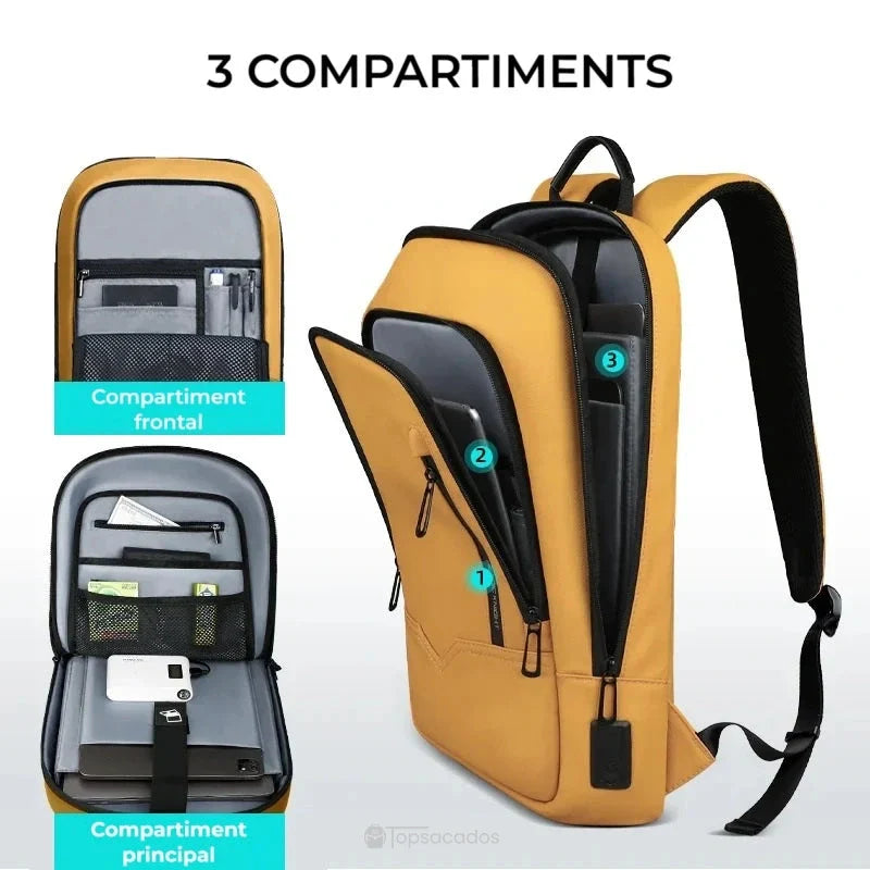 Sac à dos ordinateur 17 pouces ouvert, montrant trois compartiments distincts pour ordinateur, tablette et accessoires, idéal pour une organisation optimale.