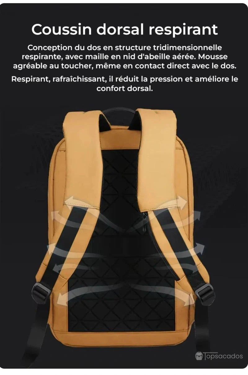 Sac à dos ordinateur 17 pouces vu de dos avec coussin dorsal respirant en maille alvéolée, offrant un confort optimal pour le transport.